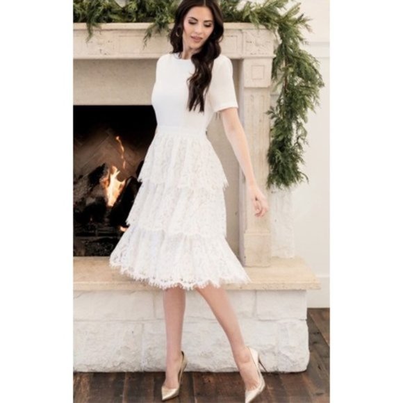 NWT Rachel Parcell Mix Lace Dress Tiered Knee Length Fit & Flare Ivory Cloud XS - Picture 1 of 8